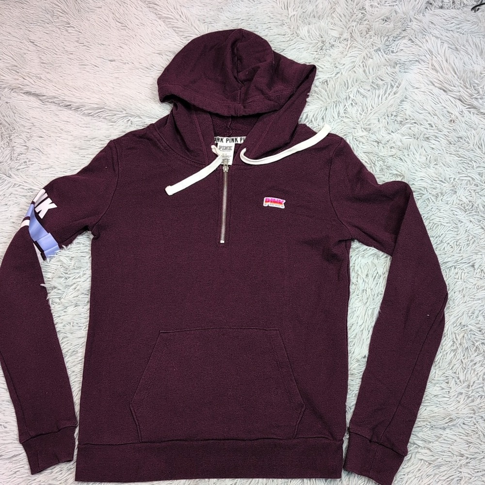 Pink Victorias Secret Sweatshirt Womens S Maroon Hoodie Pockets Athletic Patch